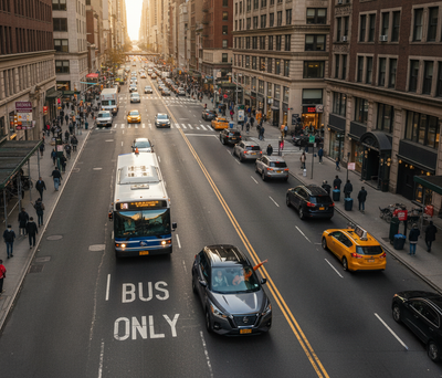 How do NYC bus‑only and camera‑enforced lanes work in a rental?