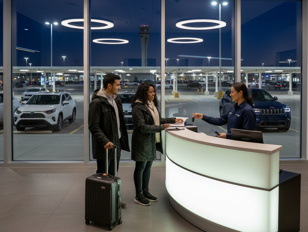 Where can I pick up a rental car near Denver Airport after midnight?