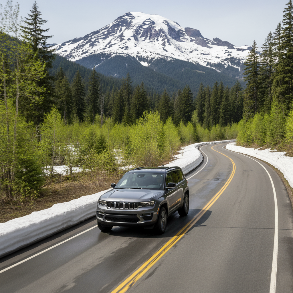 Is an AWD rental necessary for Mount Rainier or Olympic National Park in spring?