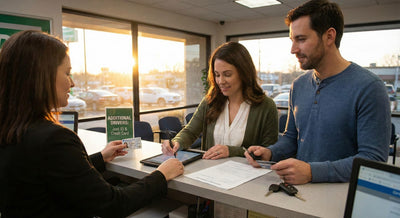 Couple at rental counter, man signing contract to be added as an authorized additional driver.