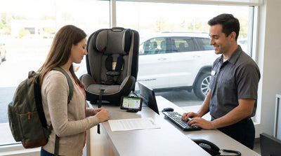 Customer requesting a child seat add-on at the car rental counter, ensuring safety for their family car hire.