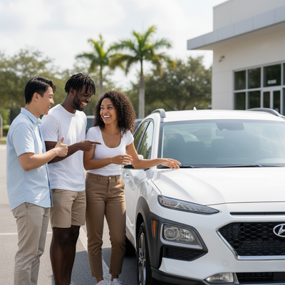 Friends happily interacting next to a white SUV in Orlando, with palm trees and a building in the background.