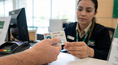 Close-up of car rental agent inspecting a US driving licence for cracks or laminate damage before hire.