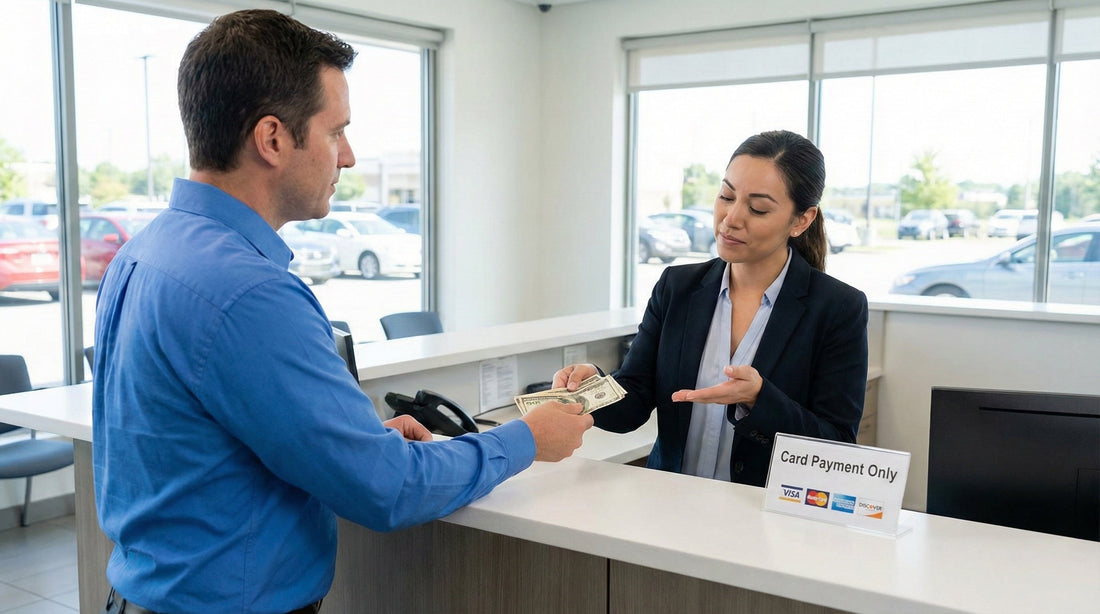 A customer trying to pay for a car rental with cash at the counter instead of using a credit card.