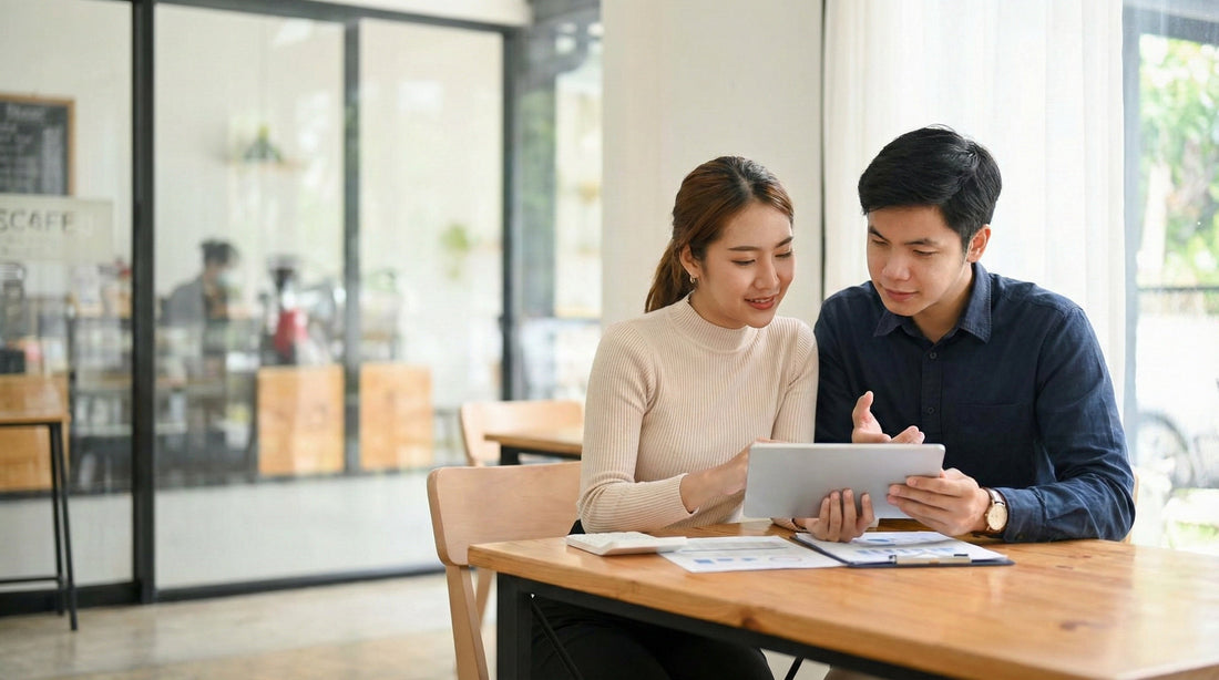 A couple compares car rental rates on a tablet in a cafe, discussing the benefits of all-inclusive vs. basic plans.