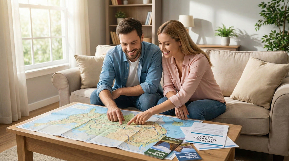 A couple sitting at a coffee table in a bright living room, looking at an open map of the USA and travel insurance policy documents, planning their trip.
