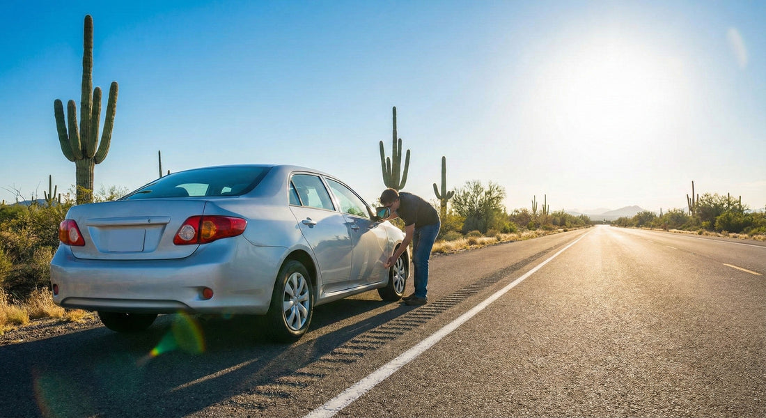 A driver standing outside a silver rental sedan on a sunny Arizona highway lined with saguaro cacti, inspecting the vehicle's exterior before driving.