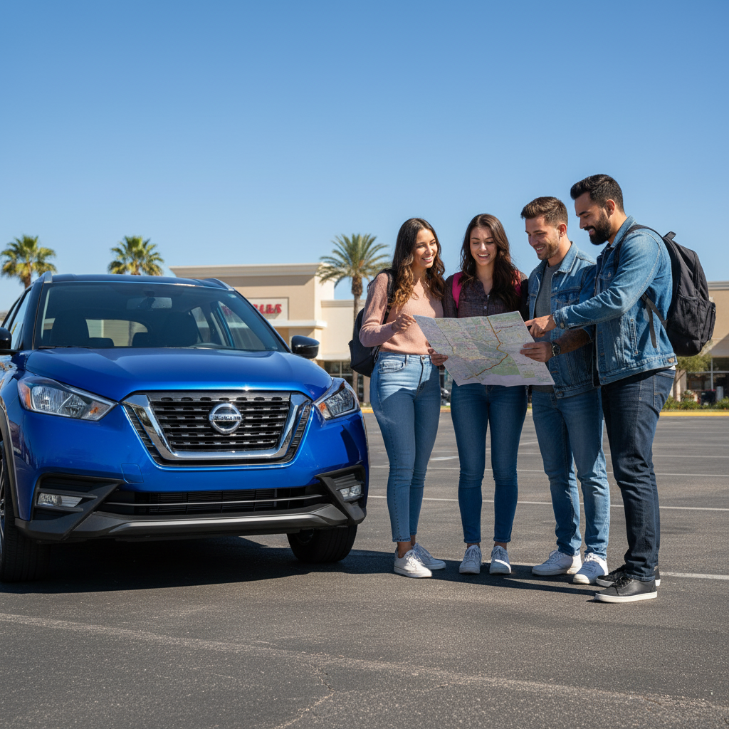 Group of friends planning a Florida road trip with their Orlando car rental, checking a map to avoid toll fees around the city.