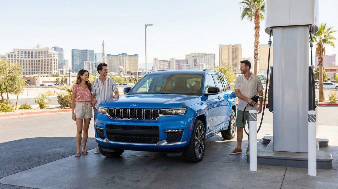 A couple refuels a blue SUV at a gas station during sunset, with the Las Vegas Strip skyline and casino hotels visible in the background.