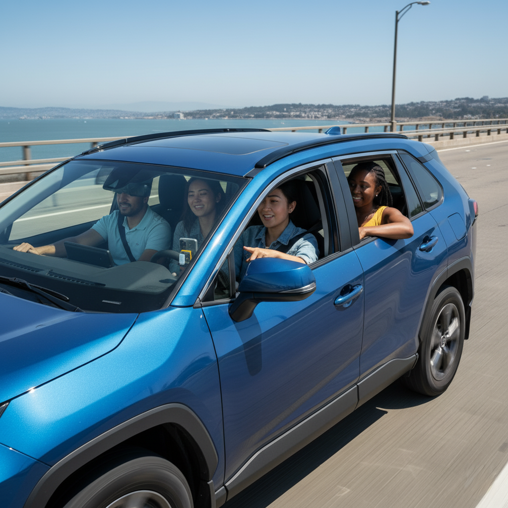 Blue sedan crossing the Golden Gate Bridge in a Bay Area car hire, learning how to avoid toll penalties with a rental car.