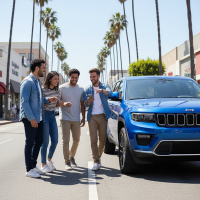 Group of diverse friends walking and smiling next to a blue Jeep Grand Cherokee L rental car in Los Angeles.