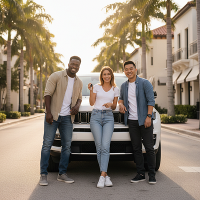 A group of friends smiling in front of a white SUV on a palm-tree lined street in Miami, happy with their car rental.