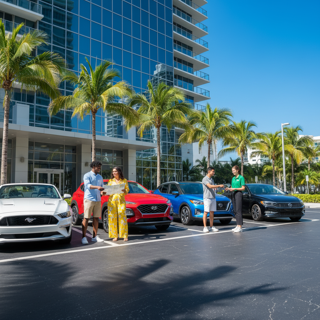 Diverse customers interacting with rental agents and various car rental vehicles in downtown Miami on a clear day.
