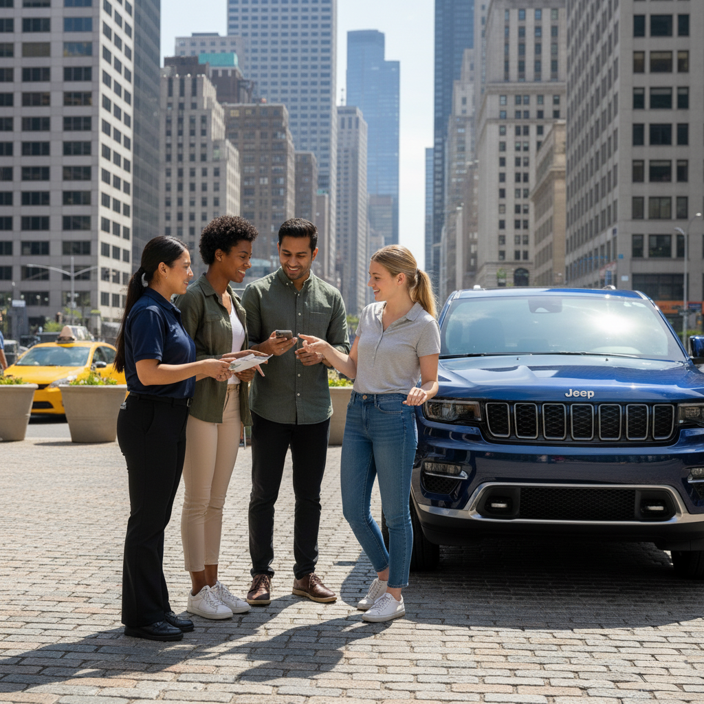 Diverse group with an agent discussing a car rental next to a blue Jeep in a sunny New York City plaza.