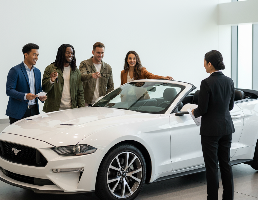 Diverse group in a car rental office, viewing a white convertible with an employee, against a clean white wall.
