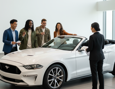 Diverse group in a car rental office, viewing a white convertible with an employee, against a clean white wall.