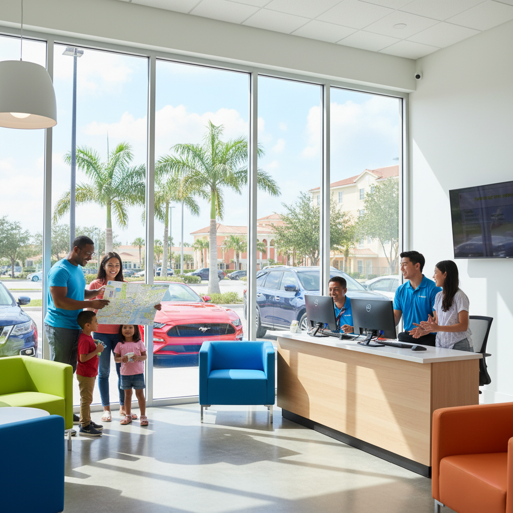 A family looking at a map in a modern car rental office with large windows overlooking a sunny Orlando street.