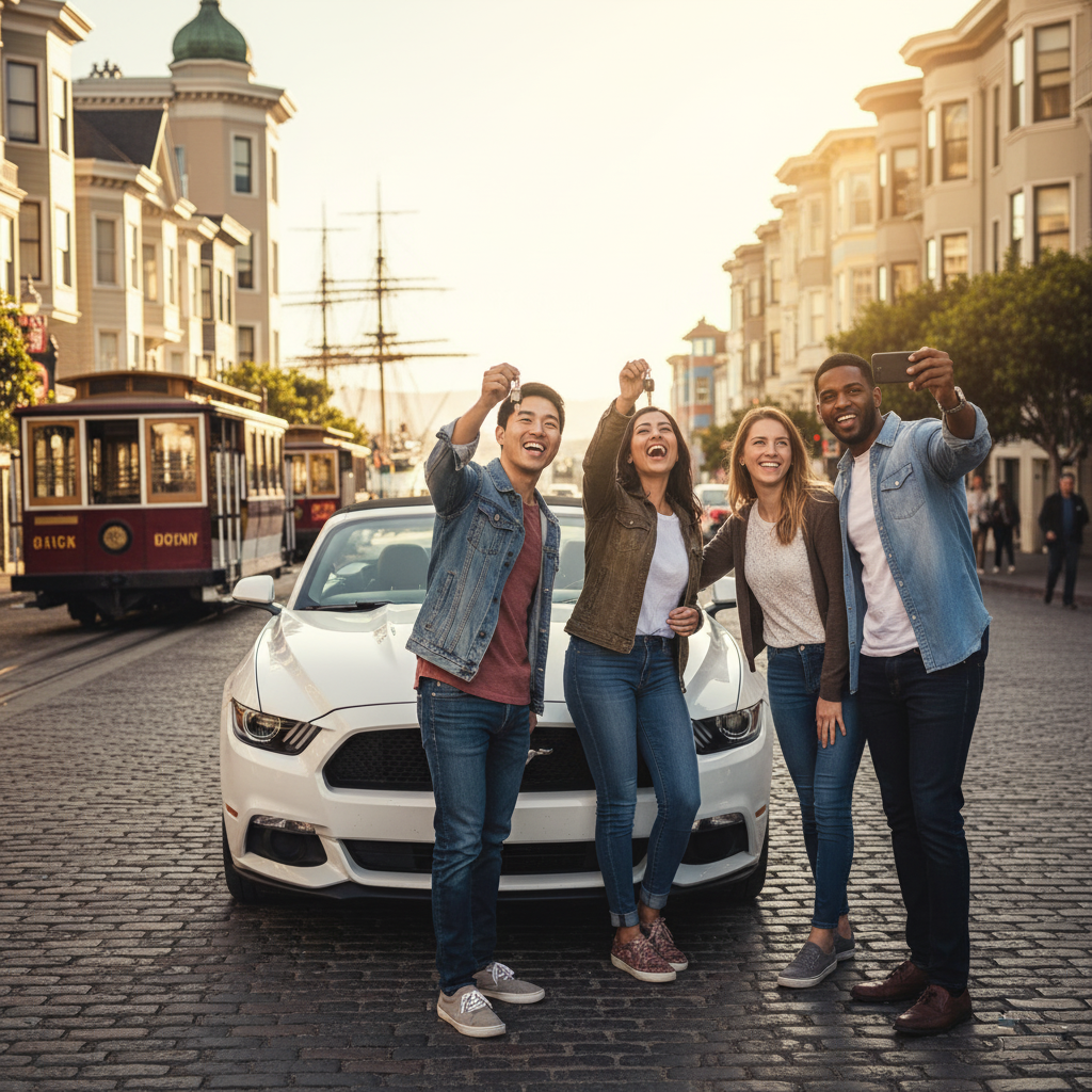 A group of people excitedly taking a selfie with car keys in front of a white convertible in San Francisco.