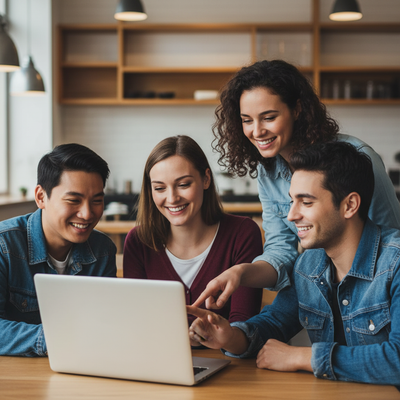 Diverse group smiling and interacting while looking at car rental options on a laptop screen.