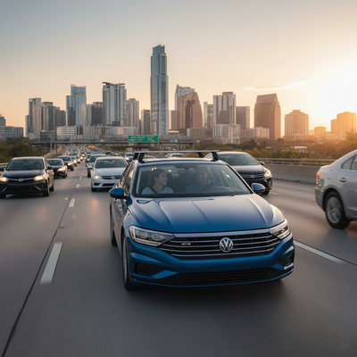 A blue Volkswagen Jetta with a roof rack drives on a busy highway with the Austin skyline in the background.