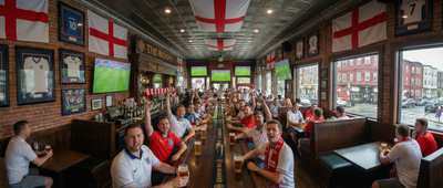 Aficionados con camisetas de Inglaterra animan y ven un partido en varias pantallas en el bar deportivo The Banshee en Boston durante una fiesta del Mundial FIFA 2026.