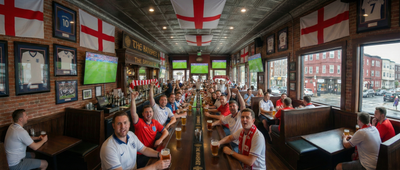 Fans in England jerseys cheer and watch a match on multiple TVs at The Banshee sports bar in Boston during a FIFA World Cup 2026 watch party.