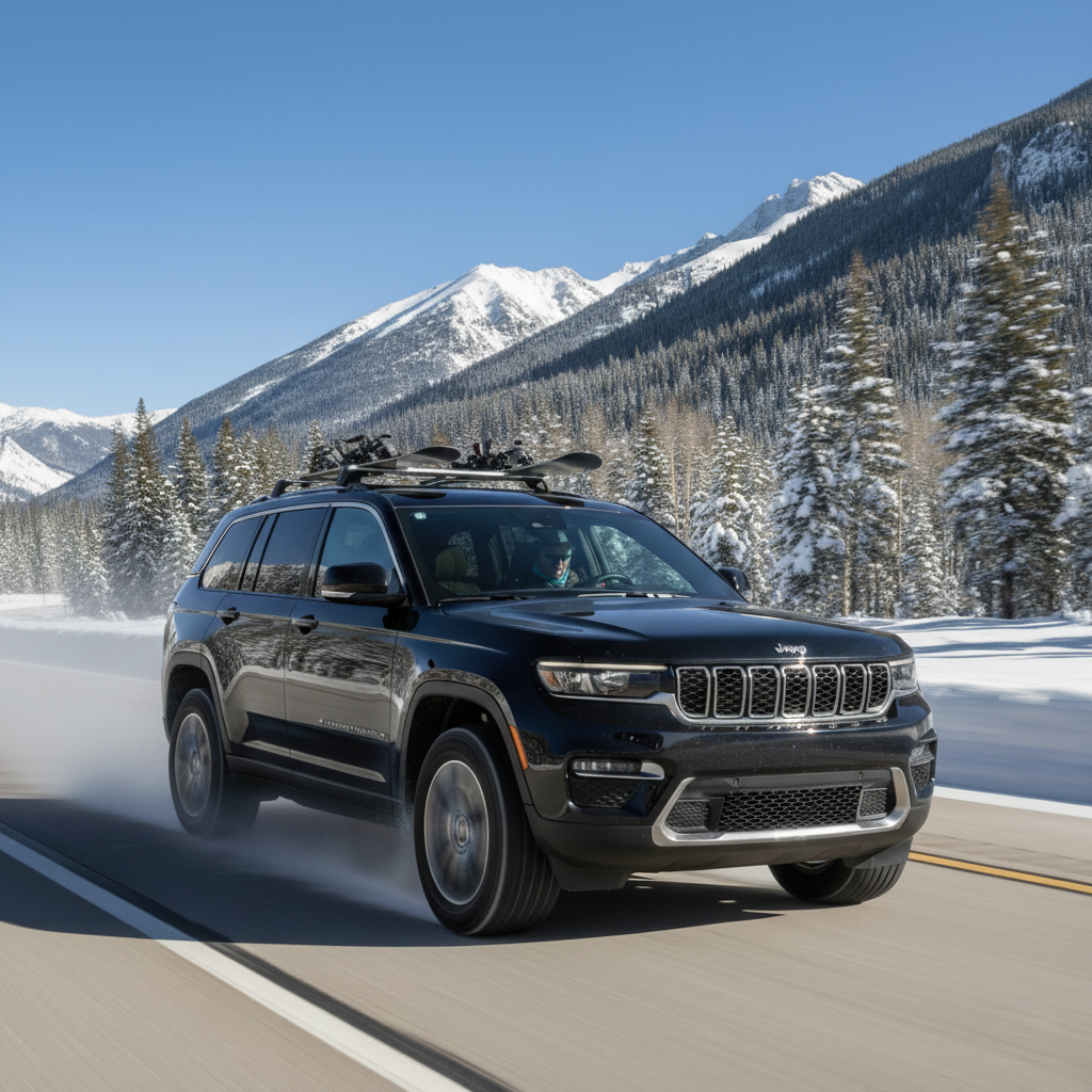 A black Jeep Grand Cherokee L with skis on the roof drives through a snowy mountain landscape, perfect for a Denver winter road trip car hire.