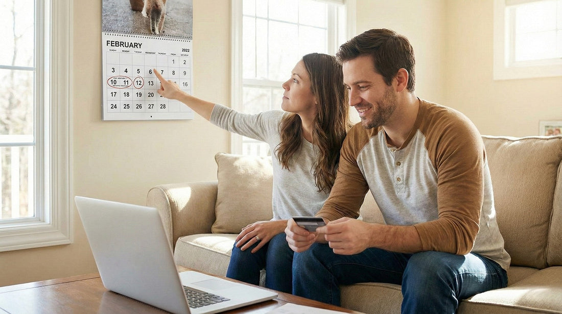 Couple at home using a laptop to book a car rental early for a Presidents' Day weekend trip.