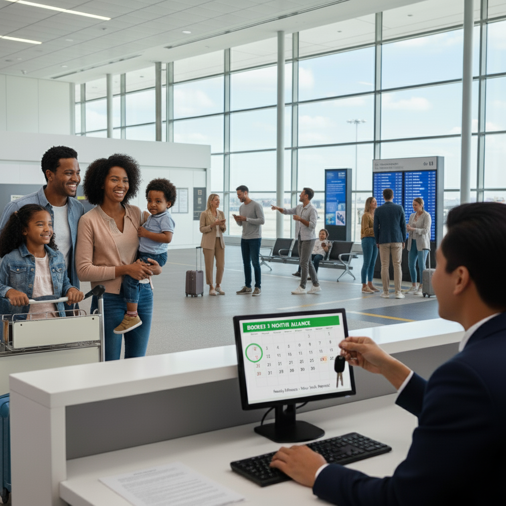 A happy family with two children at an airport car rental counter, receiving keys, with a screen showing "Booked 3 Months Advance" for family minivan car hire at New York (JFK/LGA).