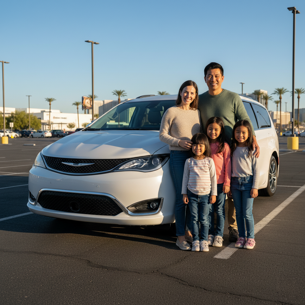 A happy diverse family, two adults and three young girls, smiling in front of a white minivan in a Las Vegas parking lot.