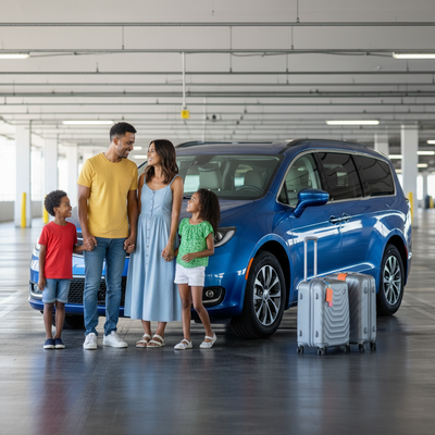Family with luggage beside a minivan at Orlando Airport MCO, learning how early to book a family car hire for their Florida trip.