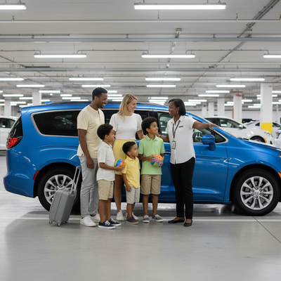 Family with three children receiving keys to a blue Chrysler Pacifica minivan rental at Miami Airport.