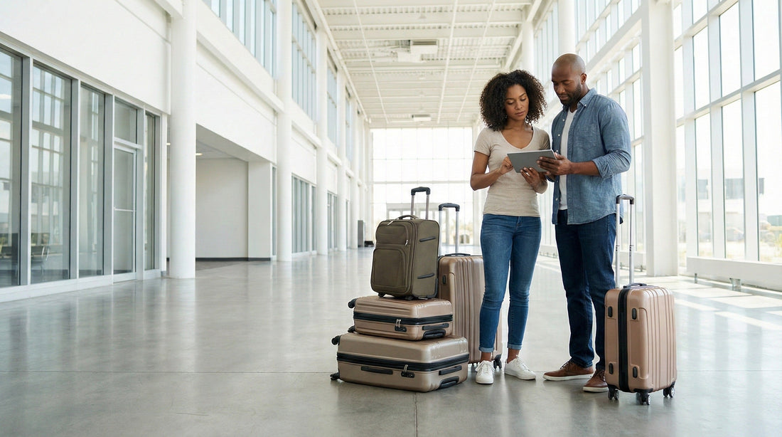 A diverse couple standing in a brightly lit, modern airport terminal waiting area with several large suitcases stacked beside them, looking at a tablet together.