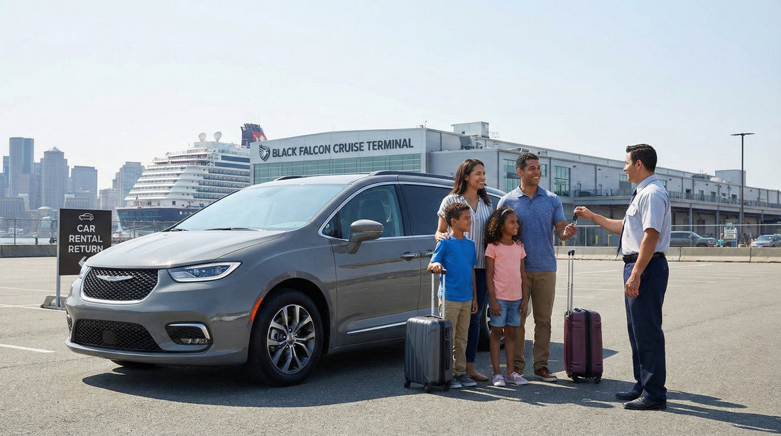 A family of four stands next to a grey convertible and their luggage, looking at a large cruise ship docked at the Boston Black Falcon Cruise Terminal.
