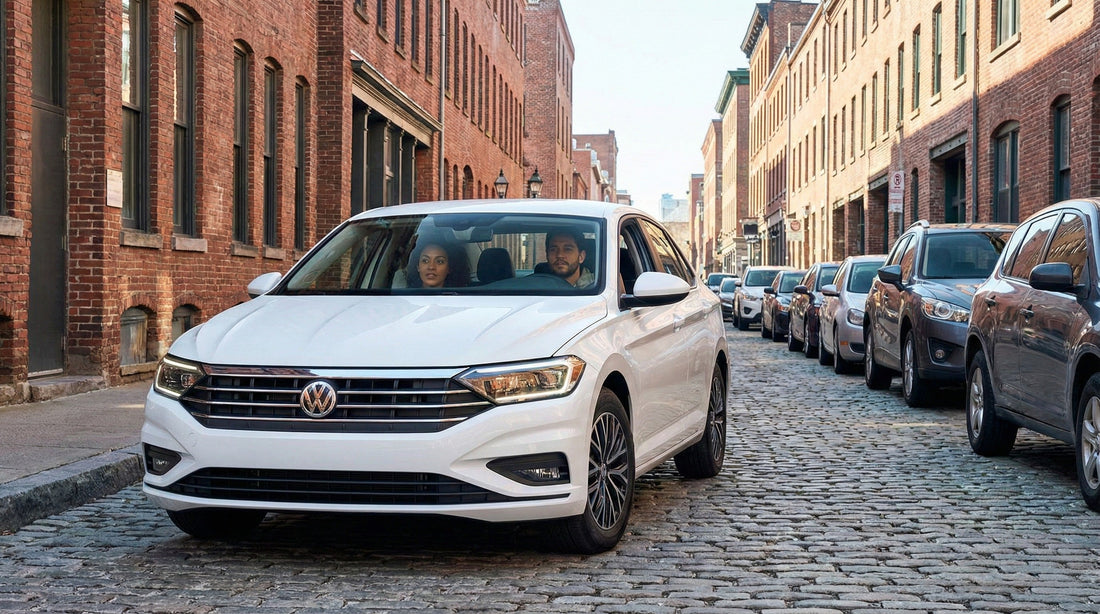 A couple slowly navigating a white Volkswagen Jetta rental car down a narrow cobblestone street in historic Boston.