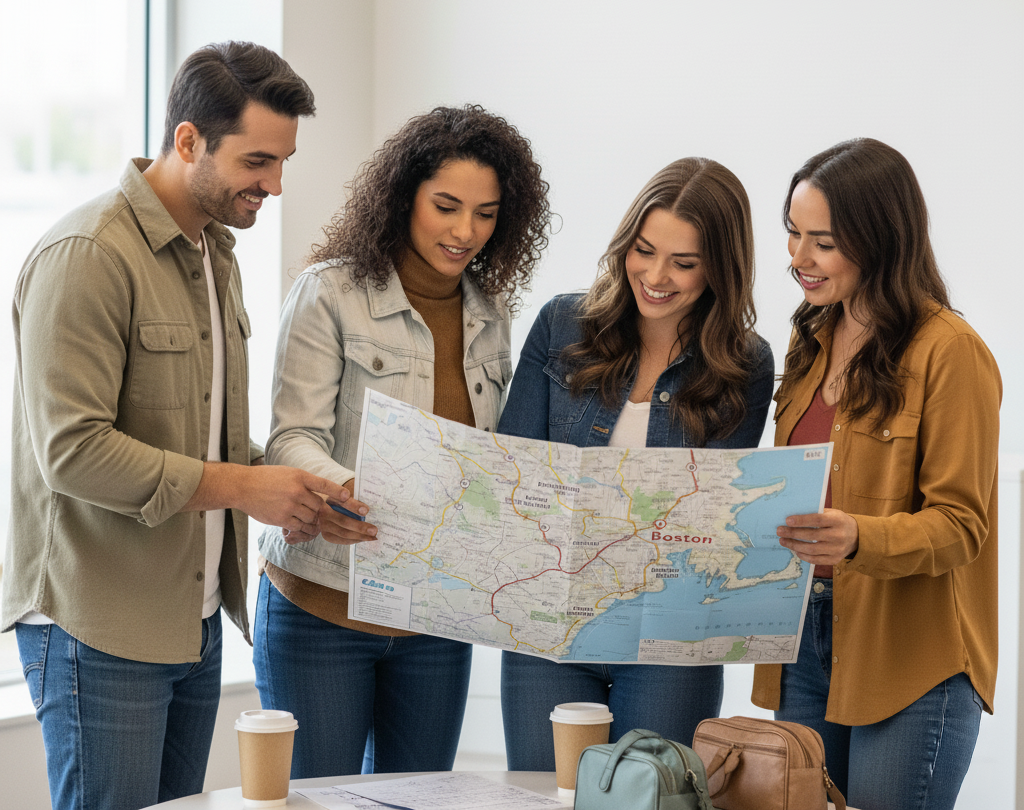 A diverse group of friends smiling and discussing a map, planning a quick Cape Cod weekend trip with a rental car pick-up.