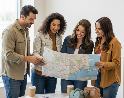 A diverse group of friends smiling and discussing a map, planning a quick Cape Cod weekend trip with a rental car pick-up.