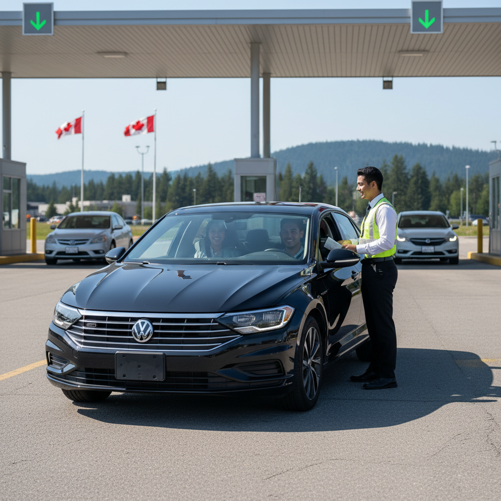 Happy travelers at a border checkpoint celebrating smooth entry while driving a black sedan from a car hire service.
