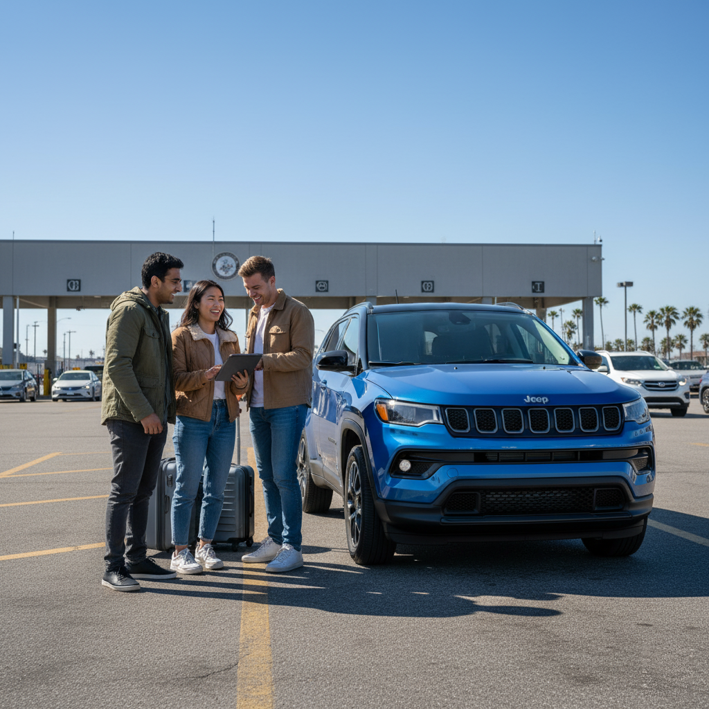 Three diverse friends with luggage next to a blue SUV, checking navigation on a tablet at a US-Canada border crossing.