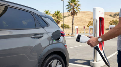 A modern electric car hire charging at a Tesla Supercharger station under the sun in California