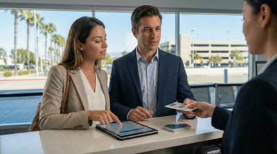 Couple showing identification to add an extra driver to their California car hire contract.