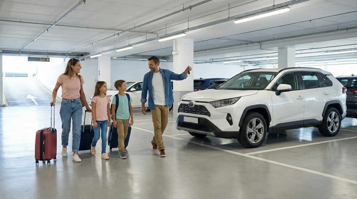 Family with luggage walking toward their white SUV in a California car hire parking garage.
