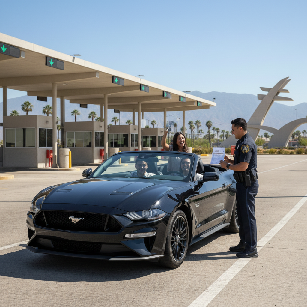 Three happy friends in a white Jeep Wrangler rental car showing a passport at the Mexico border crossing.
