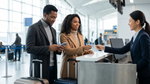 A couple in New York presents a credit card at a car hire counter to process payment and a deposit hold.