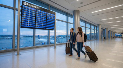 Travelers with luggage checking flight times at Las Vegas airport before their car hire return.