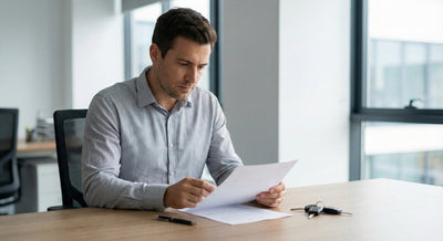 A man in an office setting carefully reviewing a paper document, with a pen and car keys on the desk, representing a car rental agreement or CDW.