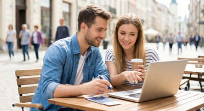 A young couple sitting at an outdoor cafe table, looking at a laptop and planning their car rental trip with travel documents.