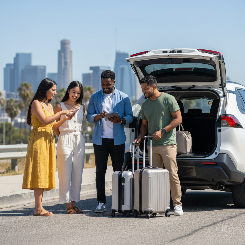Travelers in Los Angeles with a white SUV, discussing car rental with included insurance before loading their luggage.
