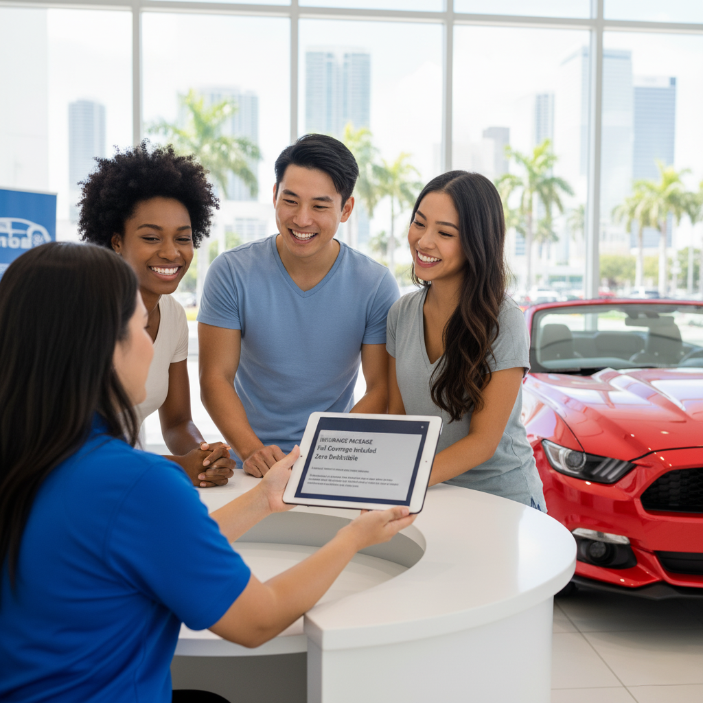 Diverse group happily reviewing car rental insurance options on a tablet with an agent in a Miami showroom.