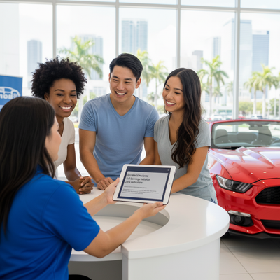 Diverse group happily reviewing car rental insurance options on a tablet with an agent in a Miami showroom.